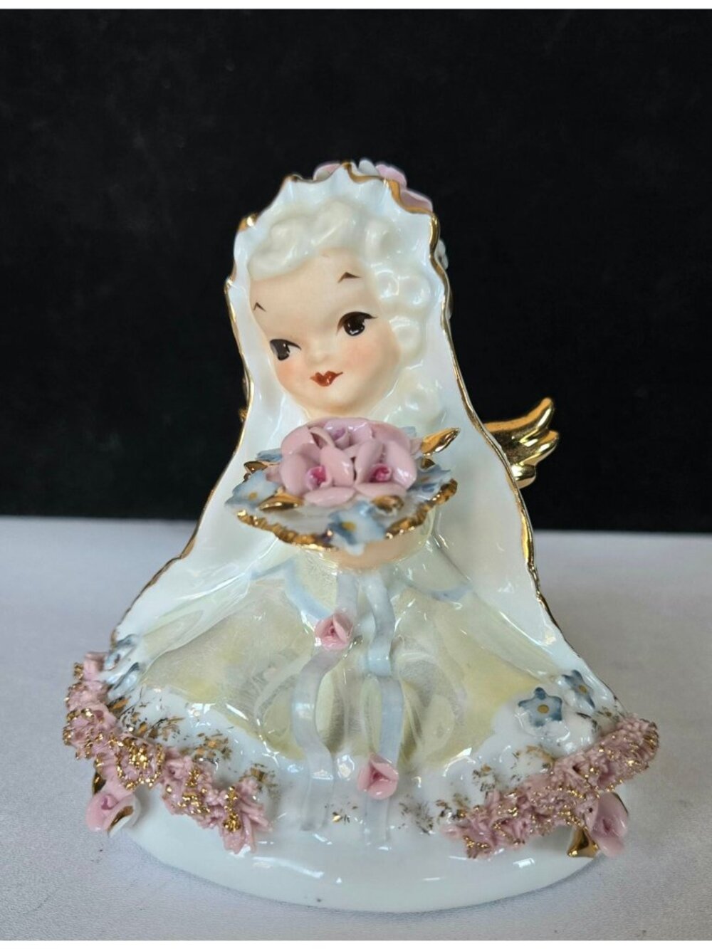 Lefton Bride Angel Pink & Blue Flowers And Gold Accents -La'Amour Angelic Design